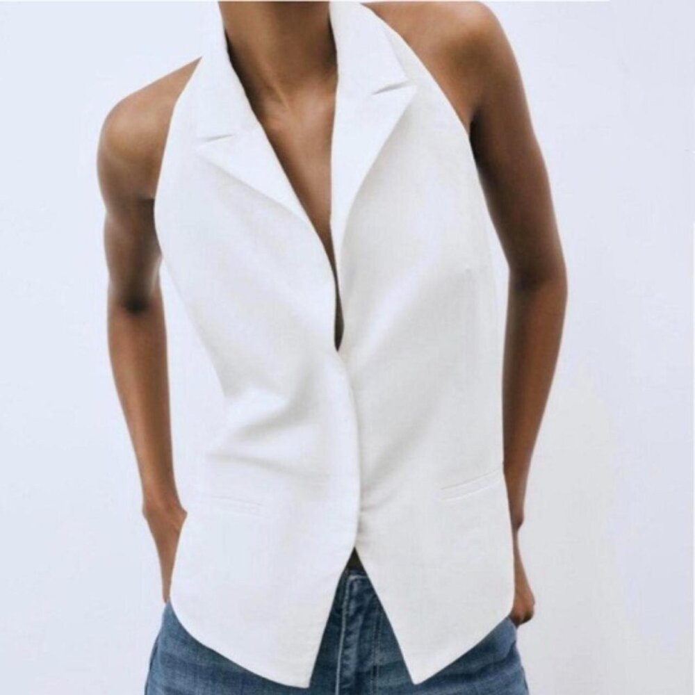 ZARA White Linen Open Back Halter Top with Collar / Adjustable Back Straps sz XS